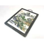 A Small Chinese ceramic screen in wooden surround, depicting figures,