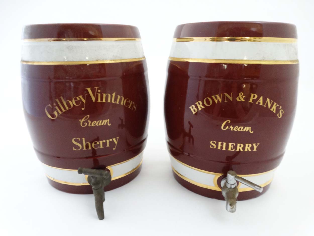 Kitchenalia : 2 old burgundy , white and gilt line decorated Sherry Barrels, - Image 3 of 7