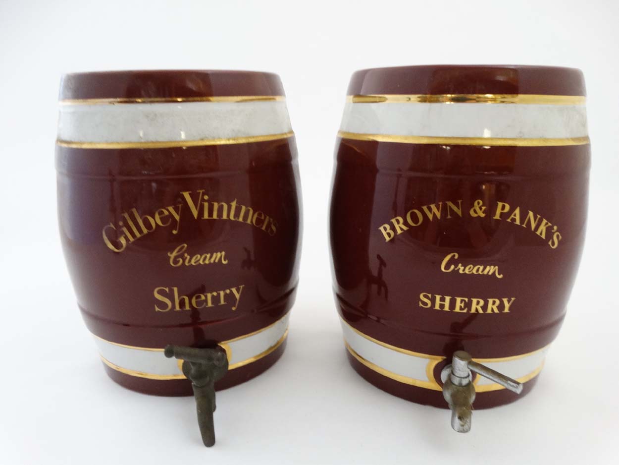 Kitchenalia : 2 old burgundy , white and gilt line decorated Sherry Barrels,