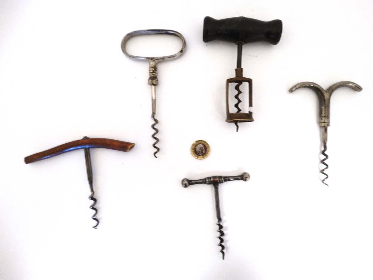 Kitchenalia :a collection of 5 assorted corkscrews including an Eye-brow , Steel T Bar , - Image 4 of 6