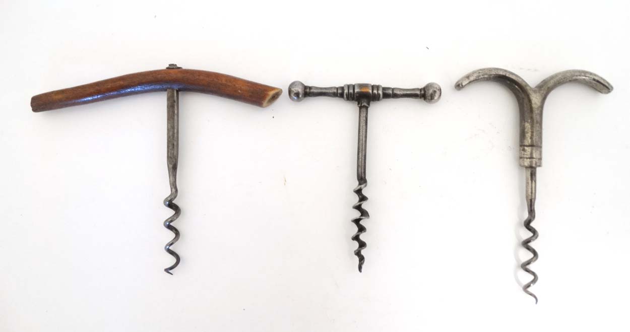 Kitchenalia :a collection of 5 assorted corkscrews including an Eye-brow , Steel T Bar , - Image 2 of 6