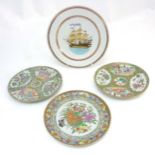 Four Chinese plates comprising a Cantonese plate decorated with exotic fruits to centre including