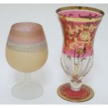 Glass - an usual frosted and coloured pedestal brandy balloon together with a ruby flashed and gilt