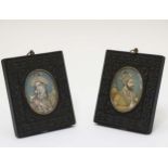 C1900 Indian miniatures, A pair of portraits on ivory with ornate carved hardwood easel frames,