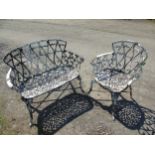 Garden & Architectural , Salvage : a mid - late 20thC painted cast metal alloy bench and chair ,