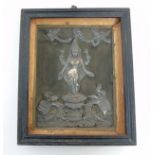 A 19thC embossed white metal Indian framed relief of the Hindu god Lakshmi ( goddess of wealth and