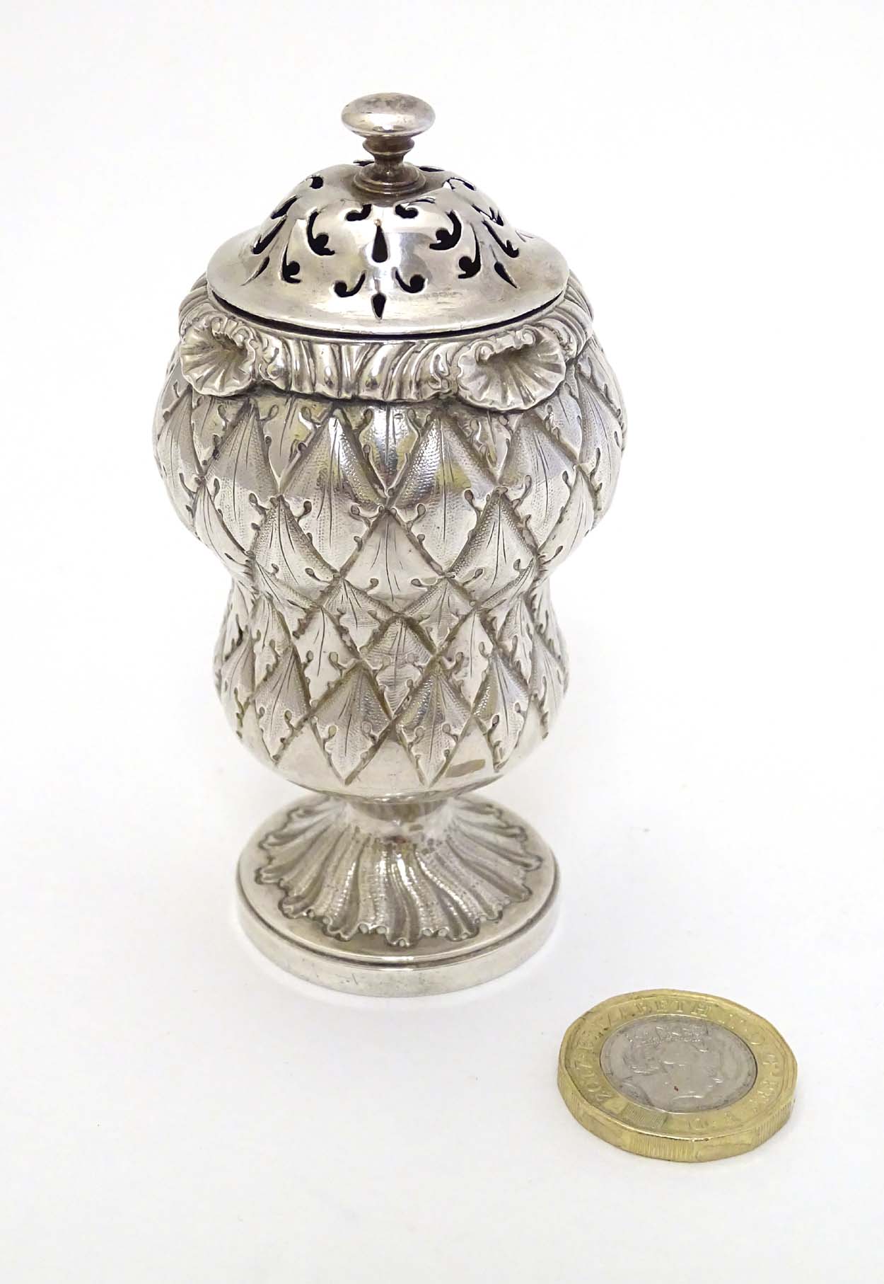 A Geo IV silver pounce pot of stylised thistle form. - Image 3 of 5