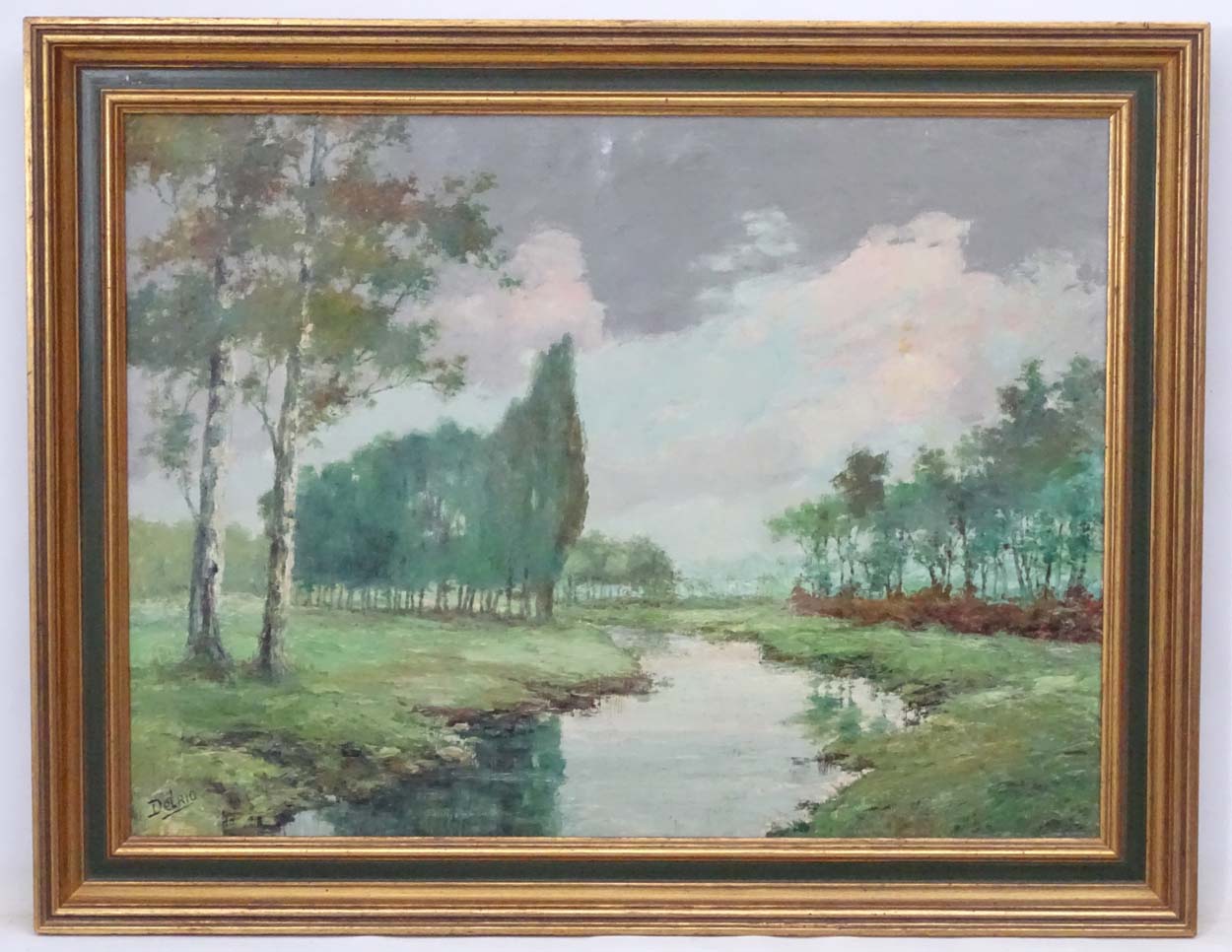 Delrio XX, Oil on canvas, River meadow with Poplar trees, Signed lower left.