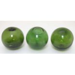 Glass : 3 x 19 thC green glass fishing net floats , each with pontil scars ,