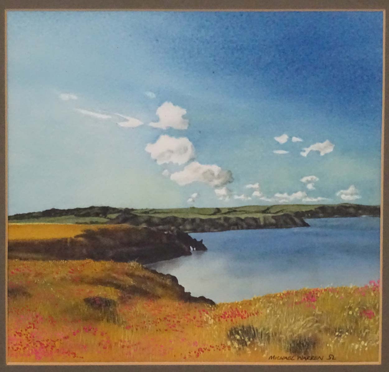 Michael Warren XX, Watercolour, View from cliff top poppy fields across Barafundle Bay, - Image 3 of 5