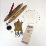 Assorted items to include sewing / needle work items etc : comprising bodkins, shuttle,