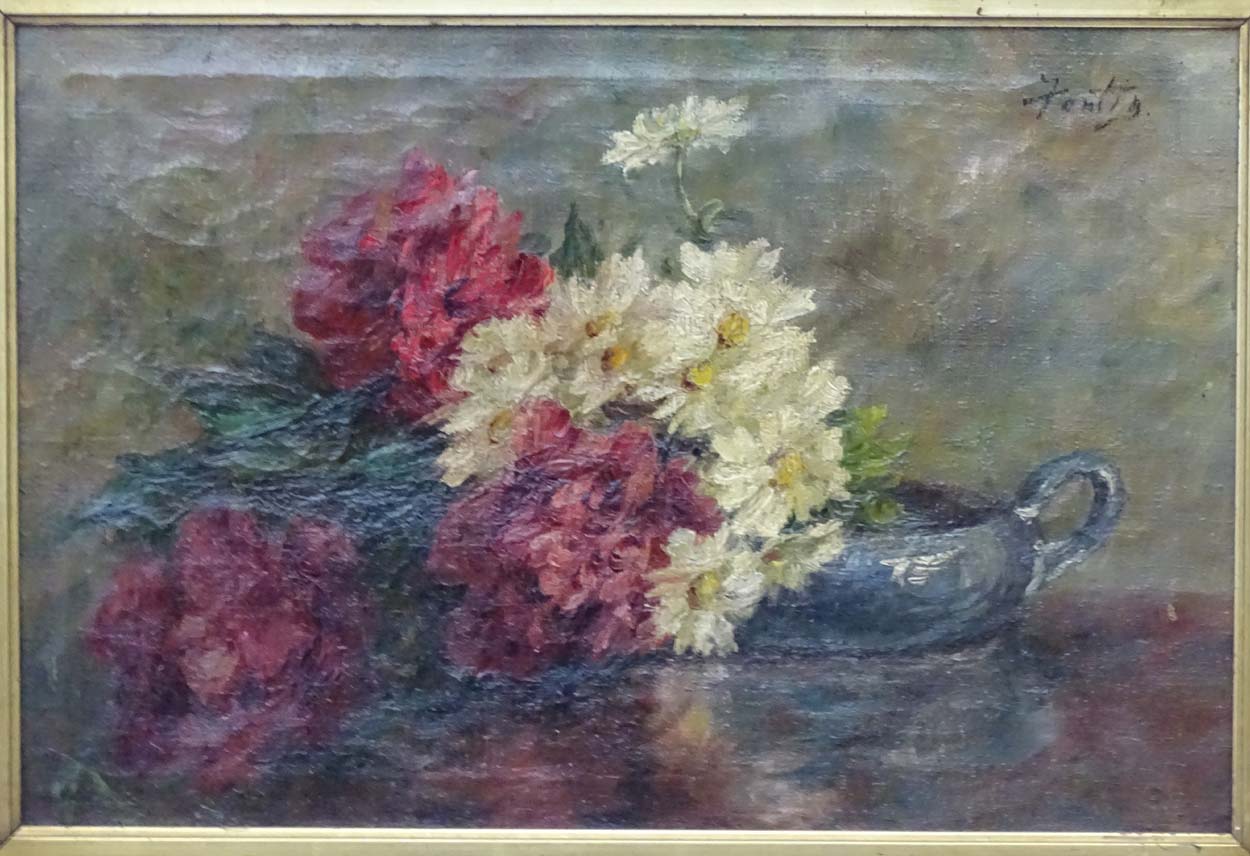 Manner of Henri Fantin La Tour XIX-XX, Oil on canvas, Still life of summer blooms in a bowl, - Image 4 of 5