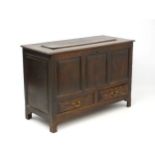 An 18thC oak mule chest with a three-panelled front above two short drawers,