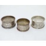 3 Various silver napkin rings, 1 x hallmarked Birmingham 1903 maker A & F Thorneywork,