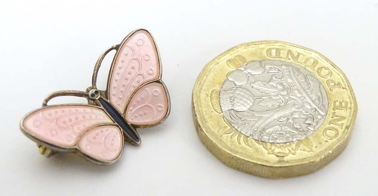 Scandinavian Silver : A Norwegian silver gilt brooch formed as a butterfly with pink guilloche - Image 4 of 5