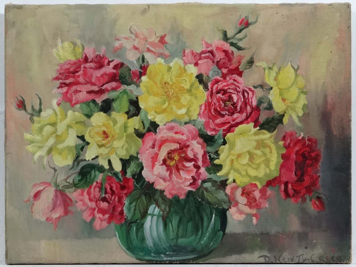 Deirdre Henty Creer (XX) FRSA, Oil on canvas, Still Life of old roses in a vase,