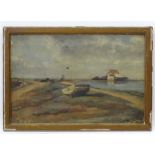 F Campbell c. 1910, Oil on canvas, 'Southwold ' river Blyth with upturned boat, Labelled verso.