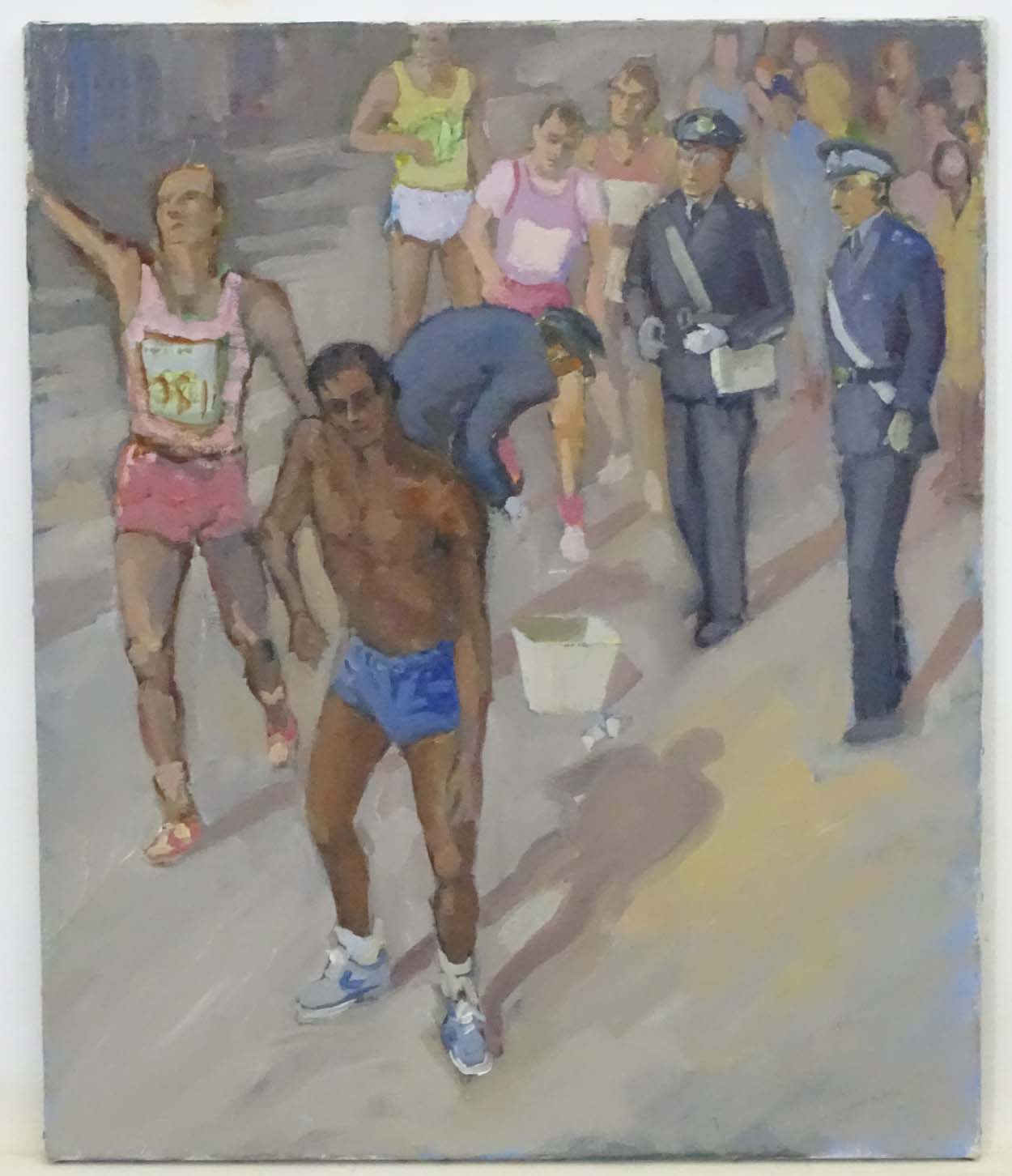 Indistinctly signed XX English School, Oil on canvas, Runners and officials at the end of a race, - Image 3 of 3