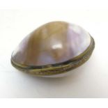 A Victorian shell formed egg shaped hinged snuff box with brass mounts.