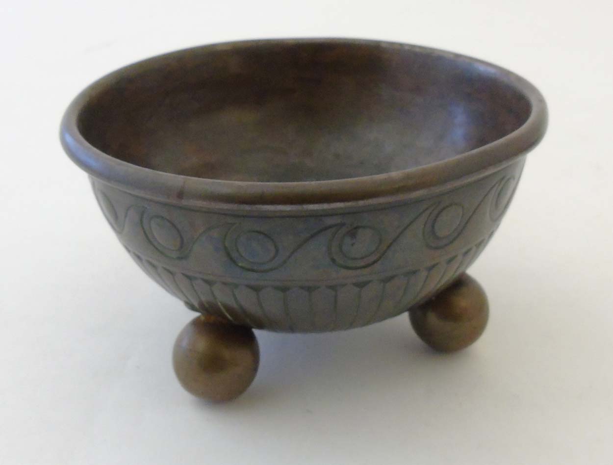 Danish Art Nouveau : A bronze half sphere bowl marked under ' Otto Benzon London 1894' with three - Image 3 of 5