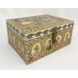 An early 20thC Indian polychrome decorated hinged lidded box with scene of hunting party leaving a