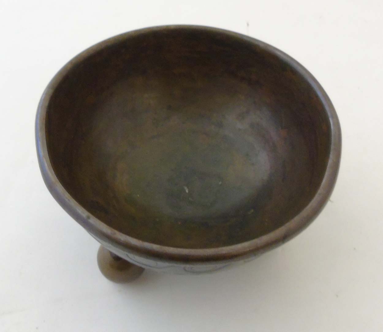 Danish Art Nouveau : A bronze half sphere bowl marked under ' Otto Benzon London 1894' with three - Image 5 of 5