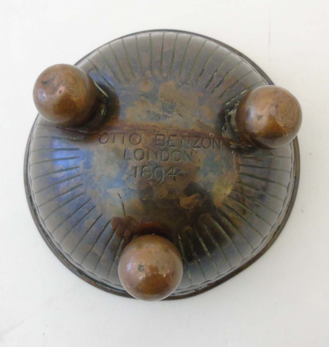 Danish Art Nouveau : A bronze half sphere bowl marked under ' Otto Benzon London 1894' with three - Image 4 of 5