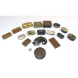 A large collection of assorted tobacco and snuff boxes to include a Scottish rams horn snuff mull,