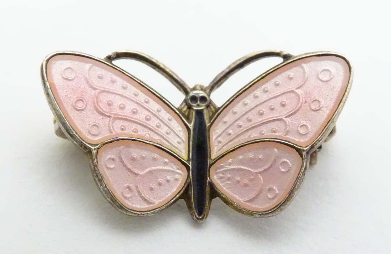 Scandinavian Silver : A Norwegian silver gilt brooch formed as a butterfly with pink guilloche - Image 3 of 5