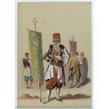 XIX Continental School, Watercolour, A Greek Fighter holding a Lavaro of the Virgin Mary,