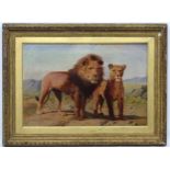 PT Tax XIX Danish, Oil on canvas, Lion and lioness in a landscape, Signed lower right,