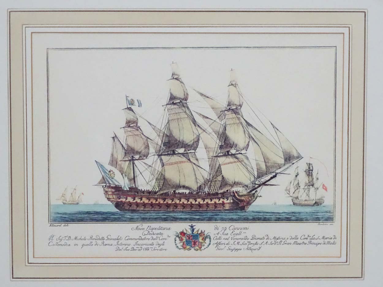 Allezard ( delin ), Coloured print, ' Nave Napolitana di 74 Cannon ... - Image 3 of 8