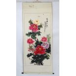 An Oriental scroll hand painted in watercolour gouache of pink, purple and orange peonies flowers,