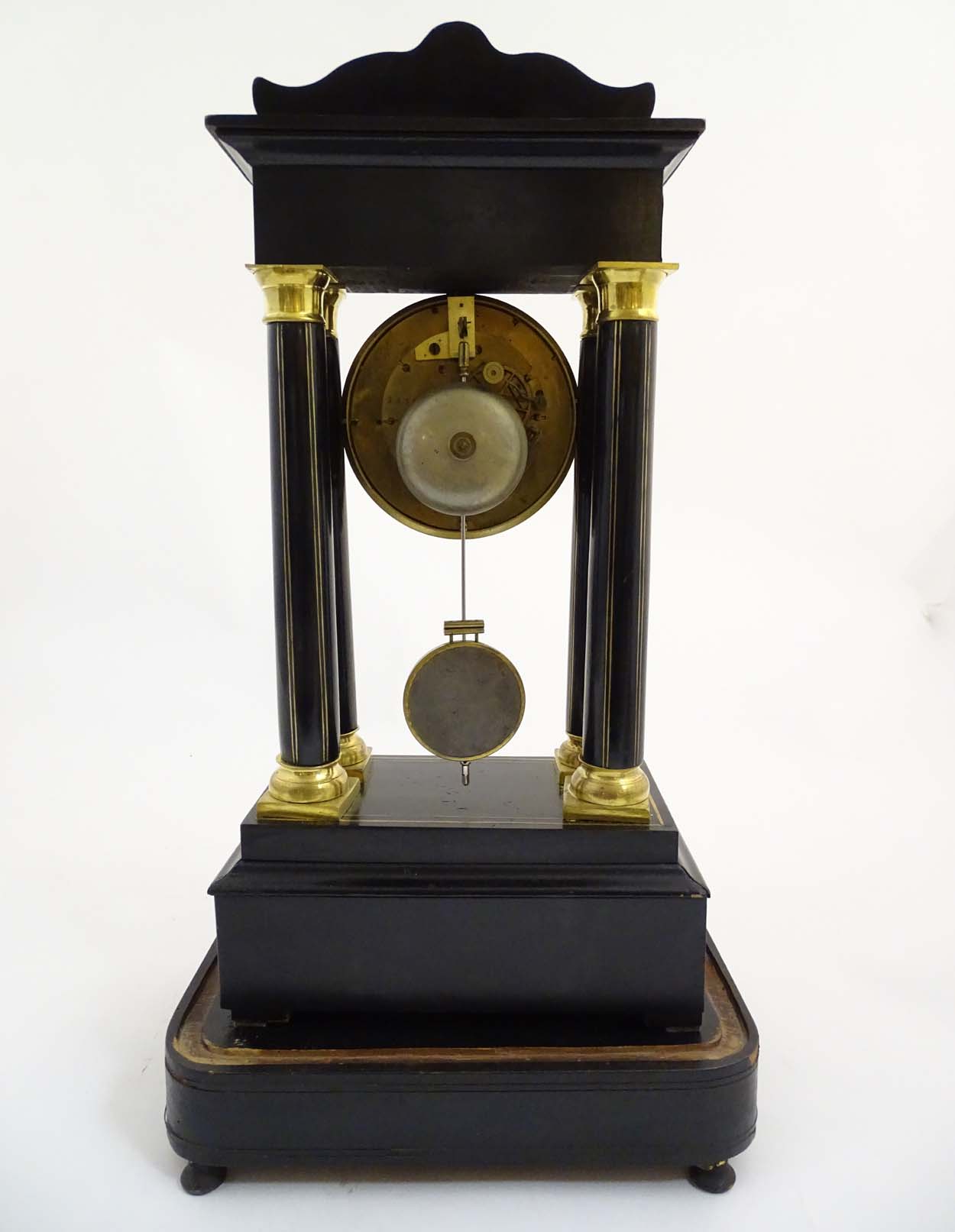 Portico clock : an 8 day 19thC Ebonised and brass Portico Clock with Japy Freres ( signed ) - Image 6 of 11