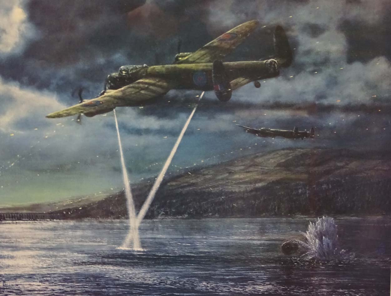 Militaria : A polychrome print depicting action from Operation Chastise, the 'Dambusters' raid. - Image 7 of 9