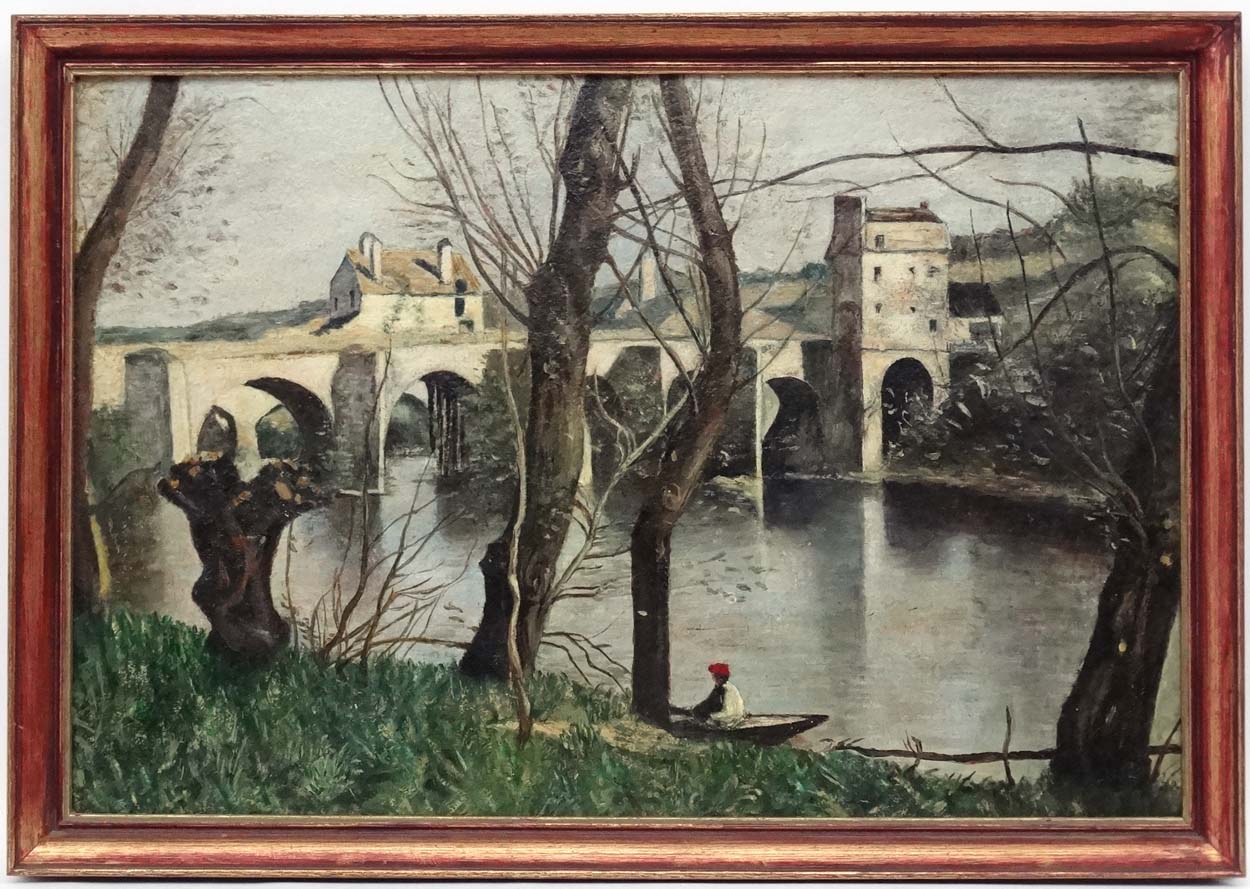 Ena D Biddle after Camille Corot, Oil on Artist's Board, ' The Bridge at Nantes ', Labelled verso.