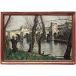 Ena D Biddle after Camille Corot, Oil on Artist's Board, ' The Bridge at Nantes ', Labelled verso.