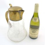 A 19th C brass and etched glass lidded lemonade jug , has traces of silverplate,