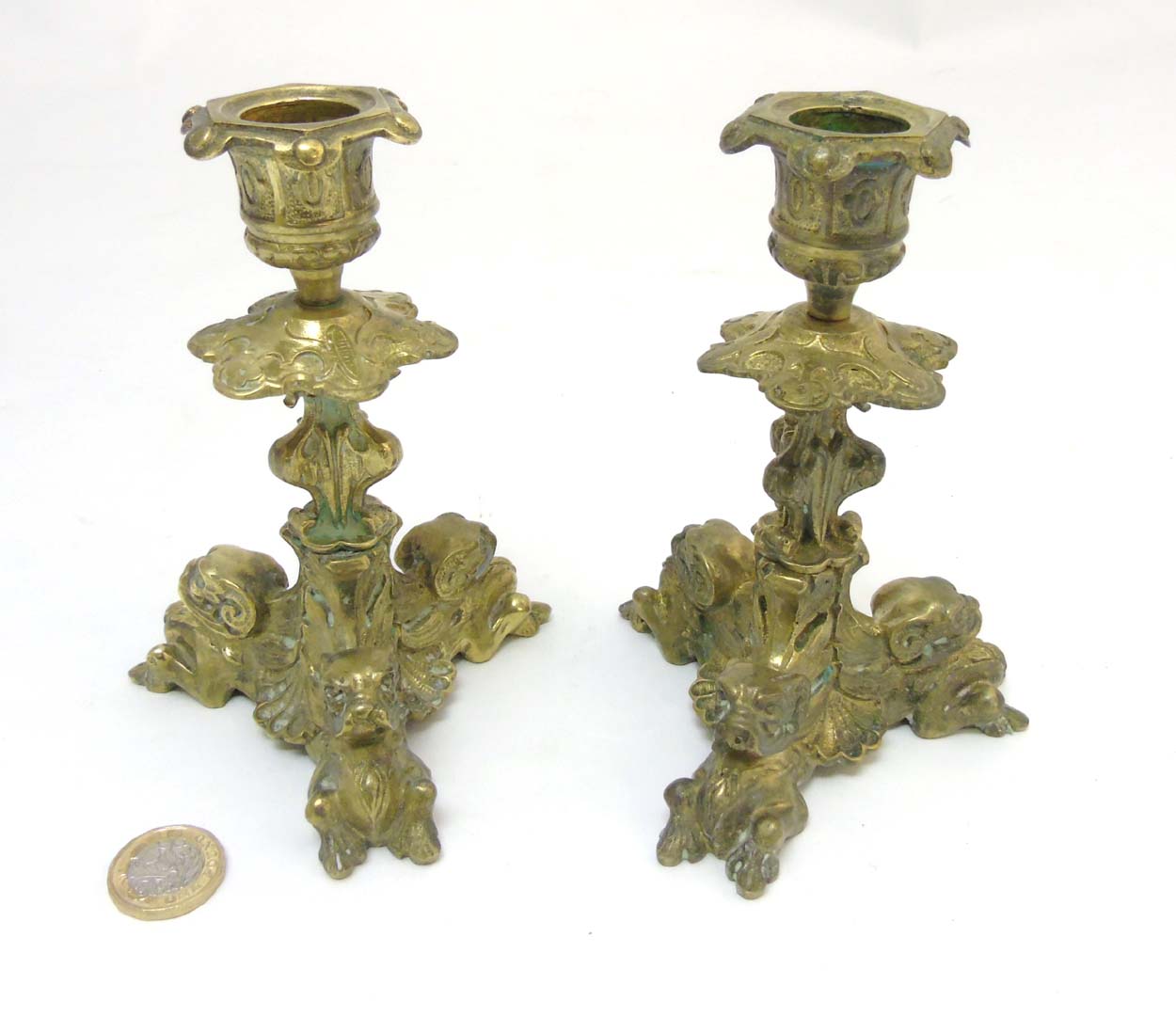 A pair of cast brass tri-form candlesticks having organic formed pedestal and 3 horned beasts to - Image 4 of 7