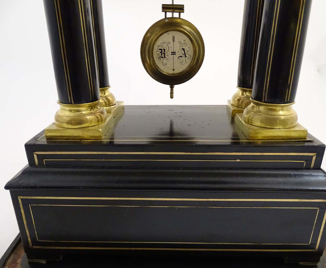 Portico clock : an 8 day 19thC Ebonised and brass Portico Clock with Japy Freres ( signed ) - Image 5 of 11