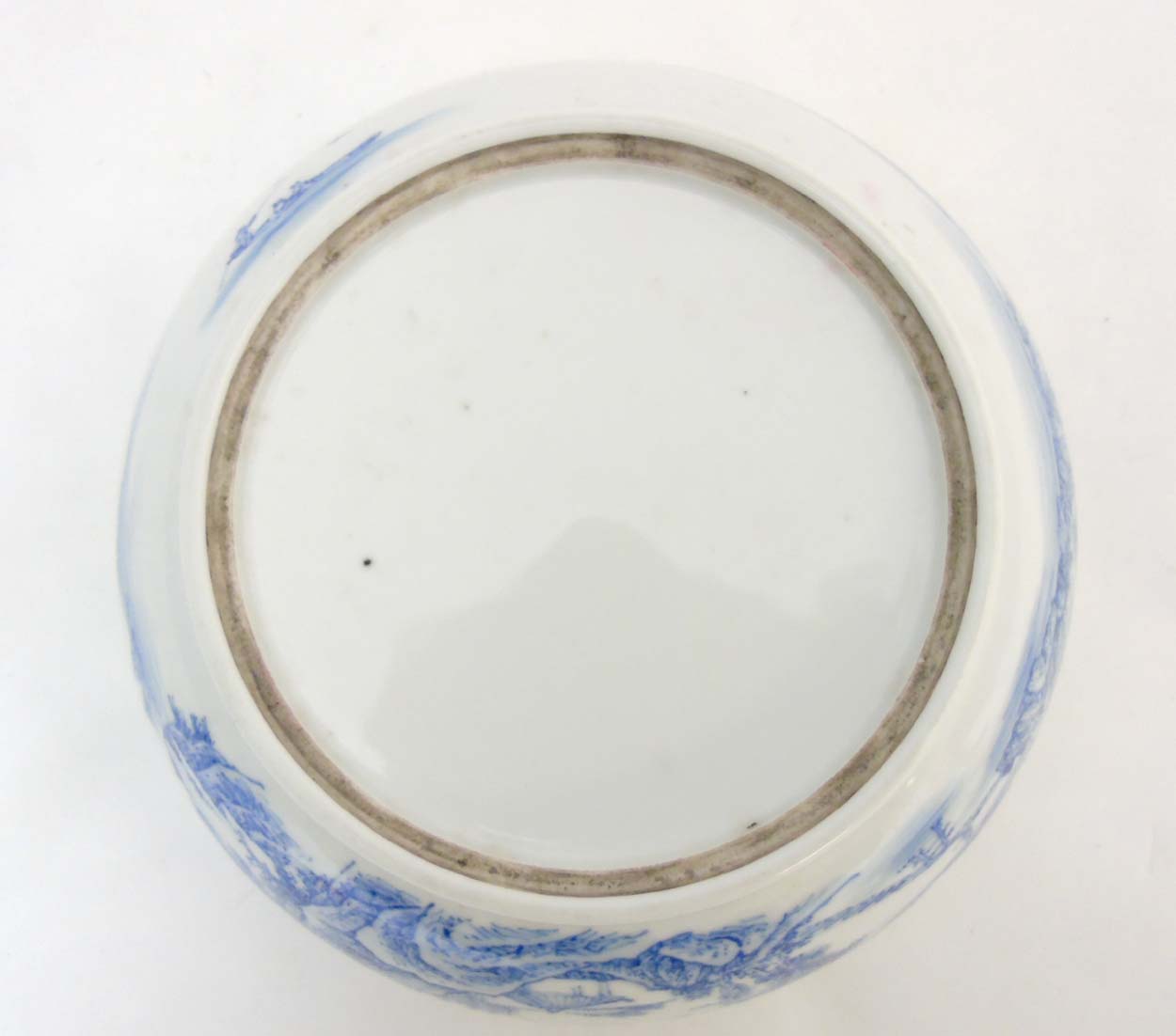 A Chinese blue and white bowl decorated in an underglaze blue continuous landscape and iron red - Image 8 of 8