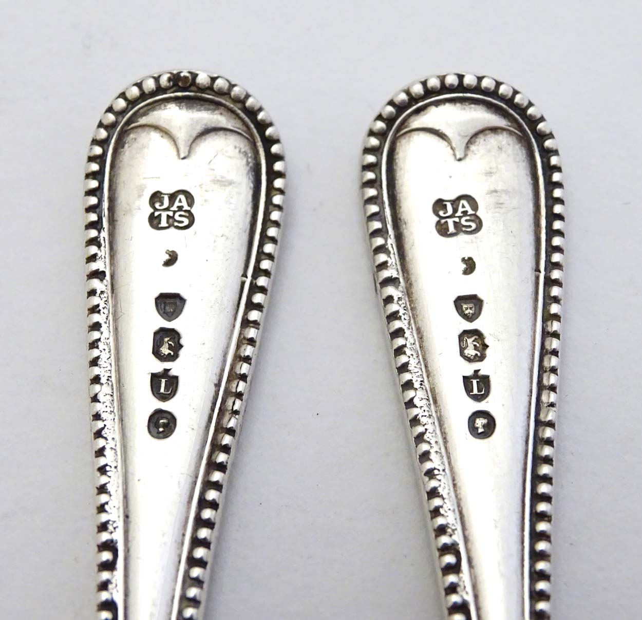 A pair of Victorian silver bead edge salt spoons hallmarked London 1886 maker John Aldwinckle & - Image 2 of 5