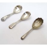 Three silver caddy spoons one hallmarked London 1893 maker Robert Stebbings with shell formed bowl,