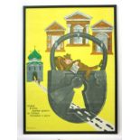 Soviet Union Propaganda Poster: A framed anti-religion soviet campaign poster depicting a man with