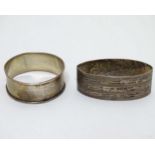 2 silver napkin rings : 1 hallmarked Birmingham 1929 maker James Walker Ltd the other hallmarked