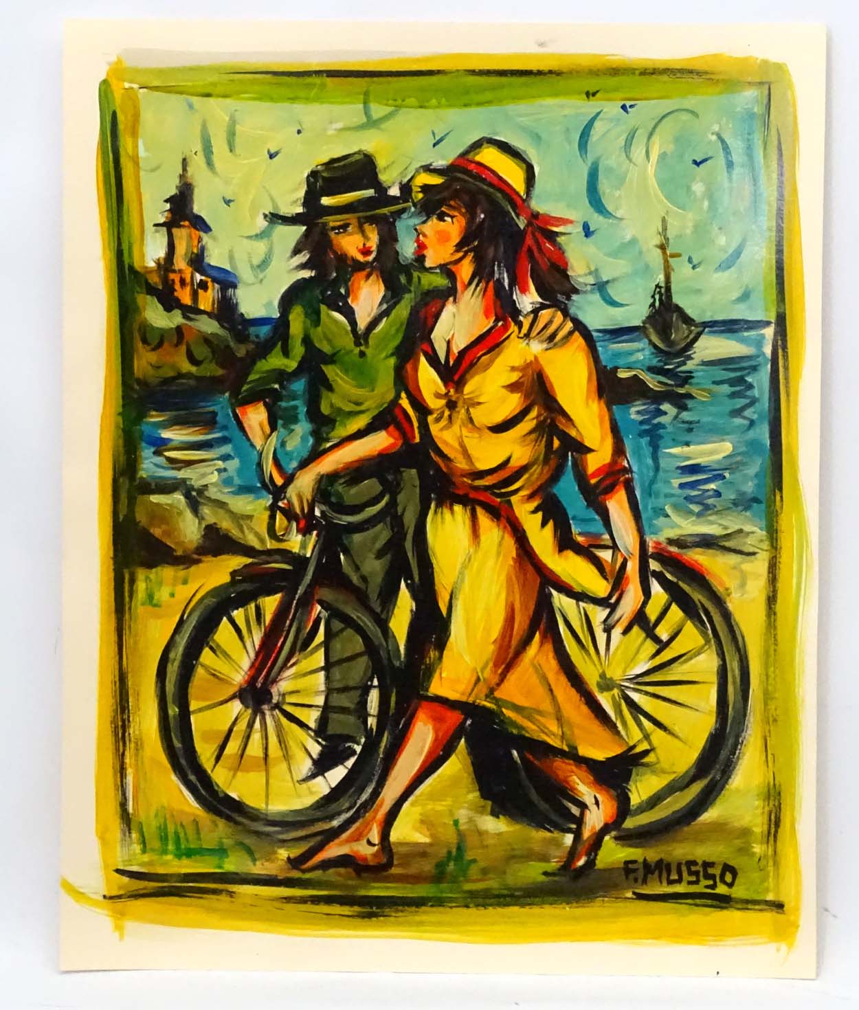 Francesco Musso (1942) Spanish, Acrylic, Strolling with a bicycle, Signed under lower right.