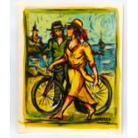 Francesco Musso (1942) Spanish, Acrylic, Strolling with a bicycle, Signed under lower right.