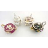 A quantity of 4 porcelain teapots comprising a black Jacob Petit teapot with painted flowers and