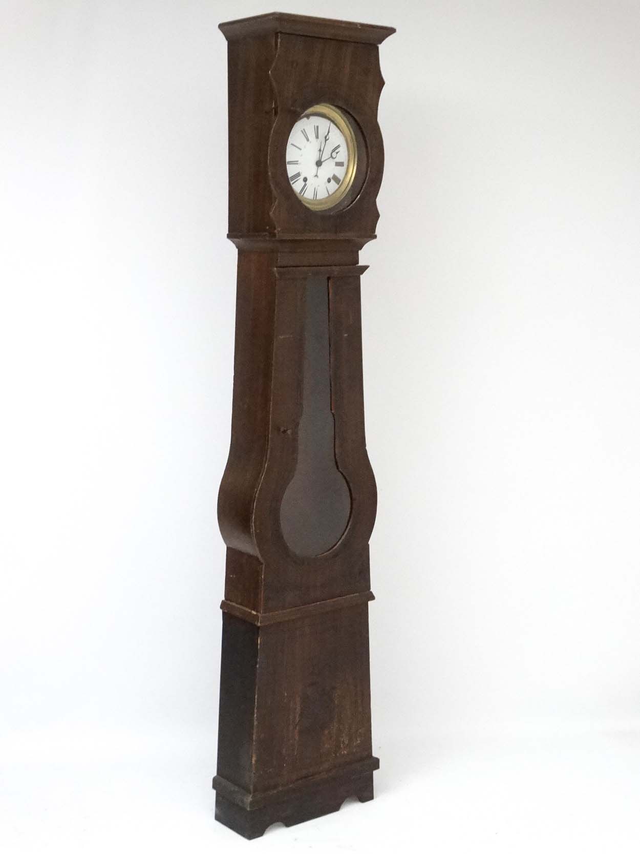 Comptoise French longcase clock : a 19thC 8 day painted (inlaid oak style) pine cased clock with