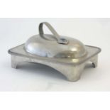 Arts and Crafts Pewter warming / entree dish and cover with oval cabochon decoration,